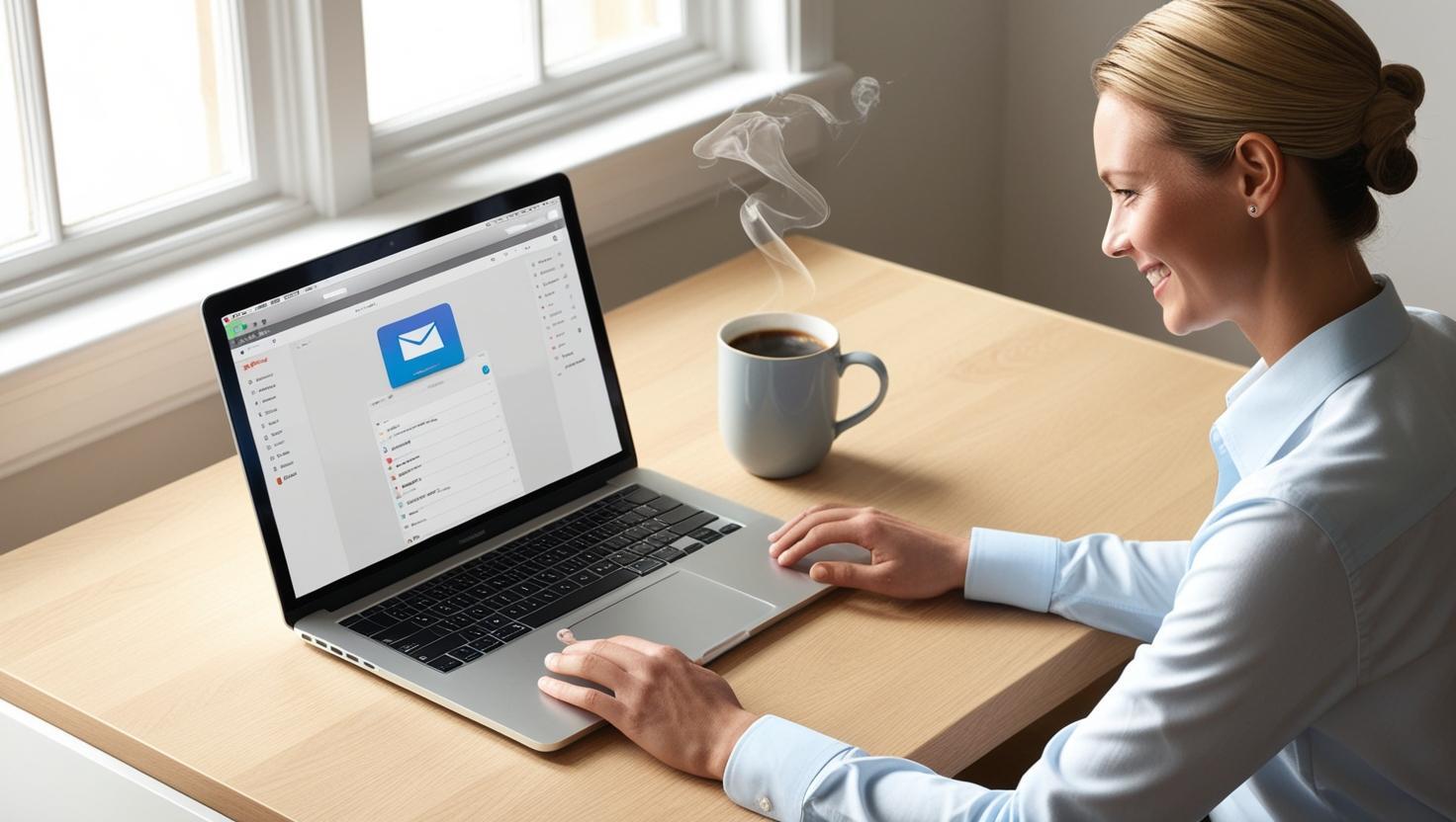 Un bureau ordonné avec un ordinateur portable, une tasse de café et une personne souriante en train de consulter ses emails.